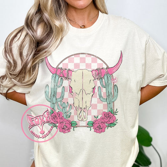 PINK COW SKULL T-SHIRT ON SAND (shirt is slightly darker than pic shows).