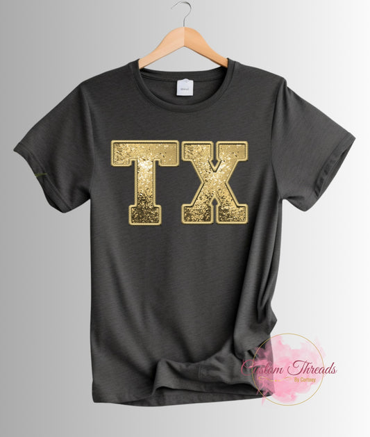 TEXAS GOLD FAUX GLITTER EMBROIDRY - OR ANY STATE! (SPECIFY IN NOTES AT CHECKOUT)