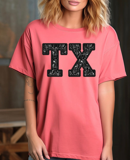 TEXAS BLACK FAUX GLITTER EMBROIDRY - OR ANY STATE! (SPECIFY IN NOTES AT CHECKOUT)